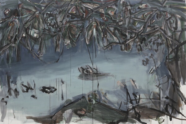 깊은 웅덩이 끝(Edge of a Deep Puddle), 2023, 캔버스에 아크릴릭 구아슈 Acrylic gouache on canvas, 200 x 150cm (2), 200 x 300cm (전체)