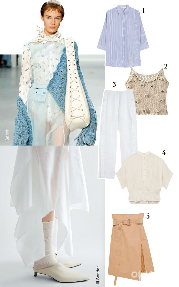 1 자연스러운 플레어 라인의 스트라이프 셔츠. 55만원대, 위크엔드 막스 마라.    2 플라워 디테일의 슬림핏 크로셰 톱. 14만원대, 자라.   3 사이드 심 포켓이 경쾌한 시스루 트라우저. 350만원, 질 샌더.    4 은은하고 가볍게 떨어지는 케이프 실루엣의 와이드 톱. 79만원대, 이자벨 마랑.     5 슬릿 트임이 멋스러운 벨티드 스커트. 108만원, 아크네 스튜디오. 