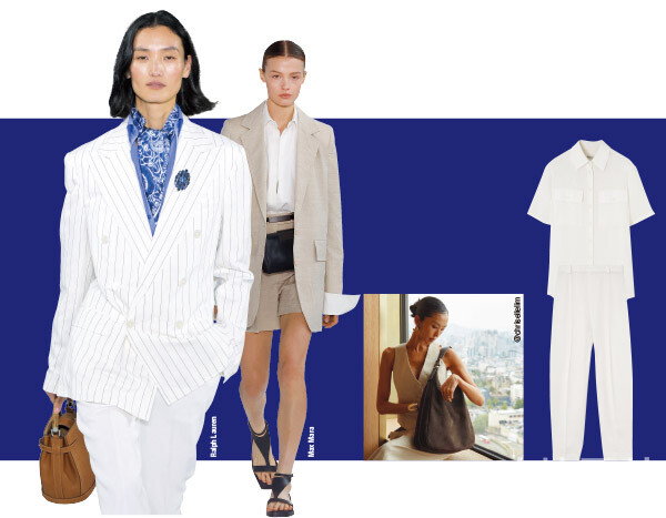 (오른쪽)시원한 느낌을 연출하는 리넨 셋업. 가격미정, 로로피아나. 