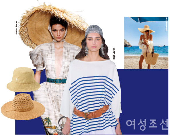 (왼쪽위부터)자연스러운 느낌을 강조한 리넨 버킷햇. 가격미정, 폴로 랄프로렌. 여름 룩에 포인트로 좋은 챙이 넓은 모자. 가격미정, 헬렌카민스키. 