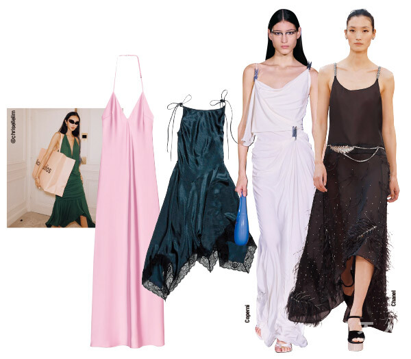 (왼쪽부터)페미닌한 느낌을 강조하는 원피스. 가격미정, 자라. 여성스러운 소재를 믹스해 로맨틱한 느낌을 전하는 원피스. 가격미정, 아크네 스튜디오.