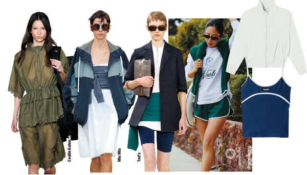 (오른쪽위부터)다양한 장소에서 가볍게 걸치기에 좋은 바람막이 재킷. 가격미정, 라코스테. 스포티한 느낌을 강조한 슬리브리스 톱. 가격미정, 미우미우. 