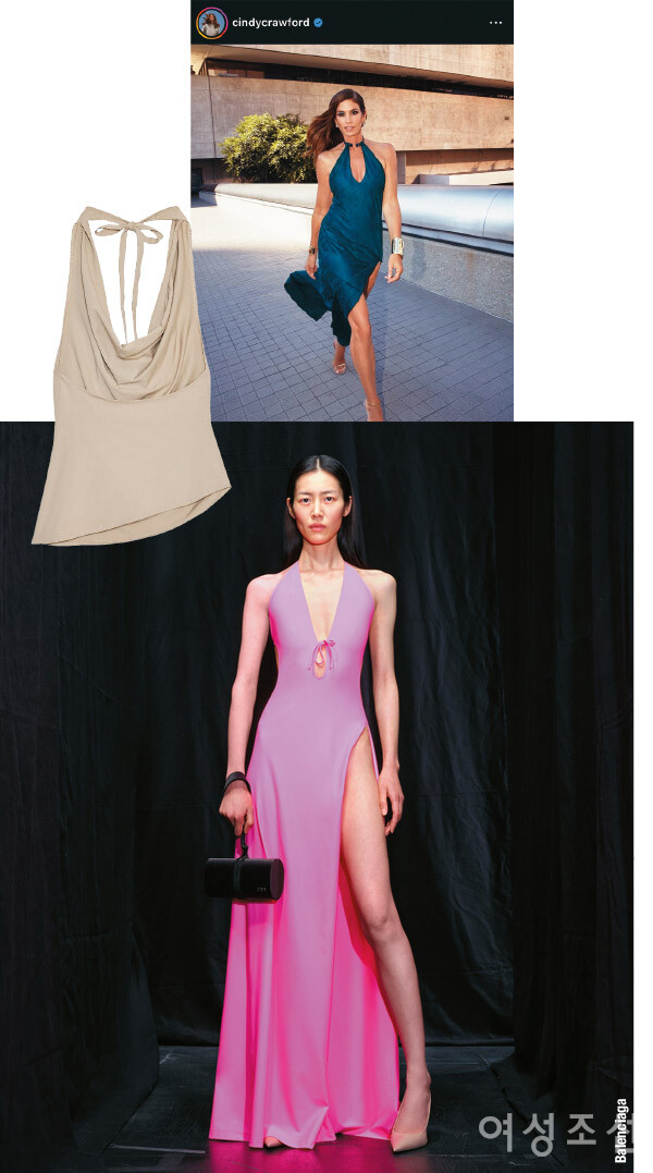 (왼쪽위)면 소재의 드레이프 홀터넥 톱. 3만원대, 아르켓.  